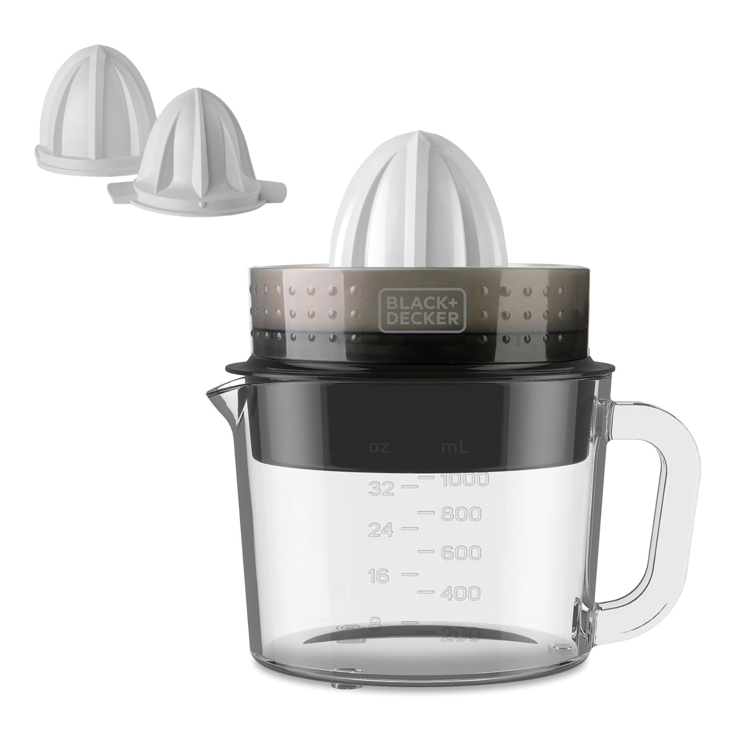 BLACK+DECKER – Elektrische Zitruspresse 30W | 1L Glasbehälter mit Skala | Doppelte Drehrichtung | Fruchtfleischregler | Abnehmbare Kegel | Spülmaschinengeeignet | Kompaktes Design 30W | Glas Angebot bei HelloDeals