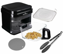KHF-550 Heißluftfritteuse, 5,5 Liter,1.200W, Touchdisplay,Frittierkorb aus Glas ohne Beschichtung, Airfryer mit Zange und Silikonuntersetzer (KHF-550 Standardausführung) Angebot bei HelloDeals
