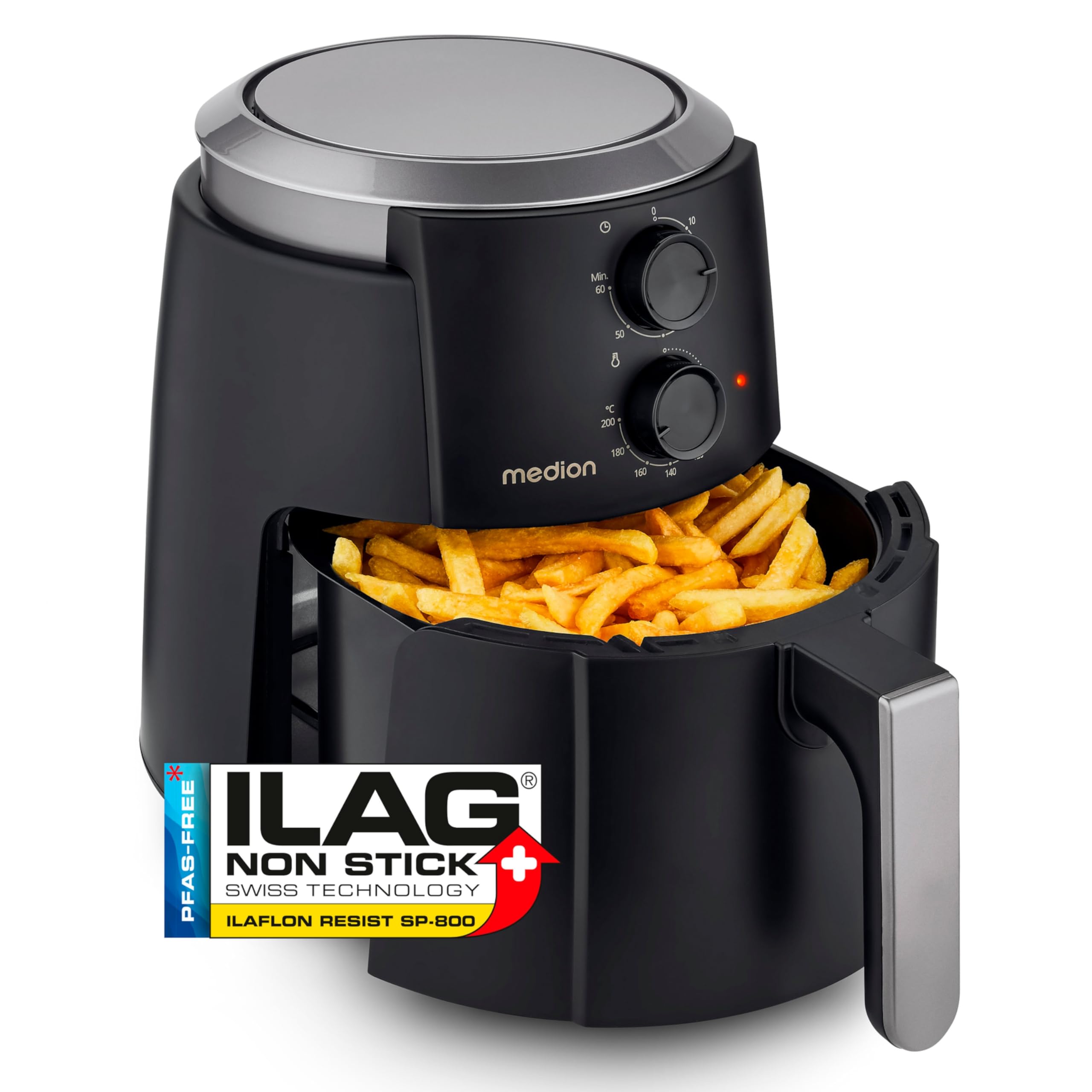 MEDION P30 L Heißluftfritteuse (4,7 Liter, Airfryer, 1500 Watt, einfache Bedienung, ölfreies Frittieren, 60 Min Timer, bis zu 200° C, Antihaft-Beschichtung, MD13020) schwarz Angebot bei HelloDeals
