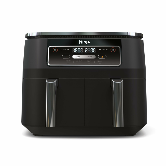 Ninja Foodi Dual Zone Airfryer Heißluftfritteuse, 2 Fächer, 7,6 l, 4-in-1, ohne Öl, Heißluftfrittieren, Max Crisp, Braten, Aufwärmen, antihaft, spülmaschinenfester Korb & Knusperblech, Schwarz AF200EU Angebot bei HelloDeals