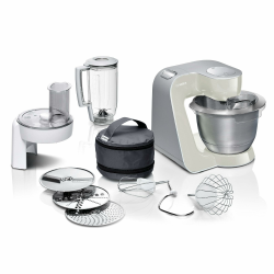 Bosch Küchenmaschine Serie 4, Edelstahl-Schüssel 3,9 L, Knethaken, Schlag- und Rührbesen Edelstahl, spülmaschinenfest, Mixer 1,25 L, Durchlaufschnitzler, 3 Scheiben, 1000 W, grau, MUM58L20 Grau / Silber Angebot bei HelloDeals