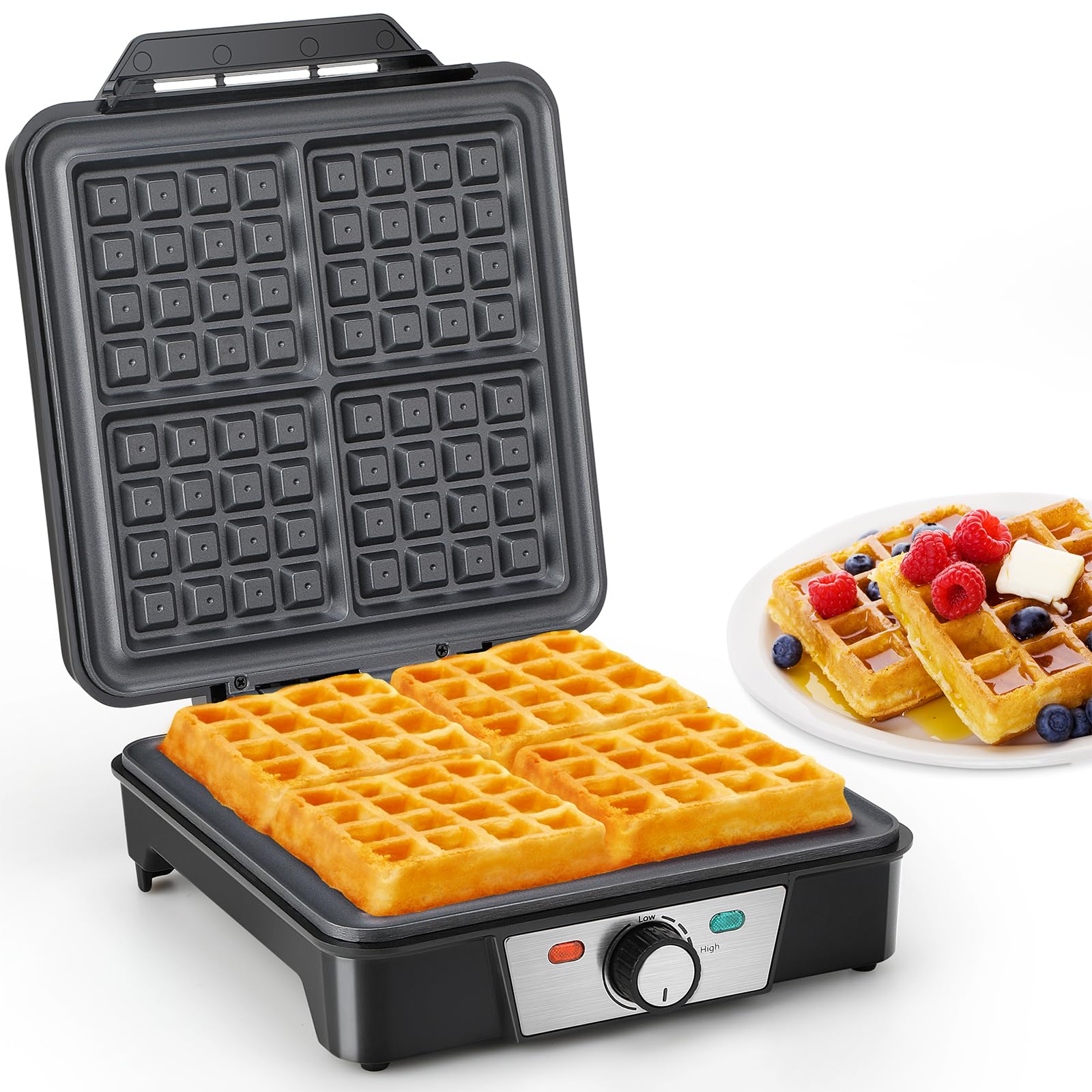 VINATO Waffeleisen, Belgisches Waffeleisen für 4 Waffeln, 1200W Schnelle und Stabile Wärme, Waffeln Maschine mit Antihaftbeschichtung von Heizplatten, Stufenlose Temperaturregulierung Schwarz Angebot bei HelloDeals