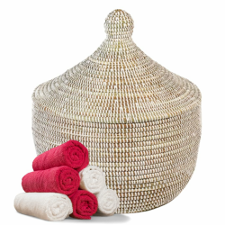 Afrikanischer Korb mit Deckel | Geflochtener Korb GAPARU | Handgefertigt aus Savannengras | Nachhaltig & Verantwortungsvoll produziert | Aufbewahrungskorb | Vielseitig einsetzbar Weiß Angebot bei HelloDeals