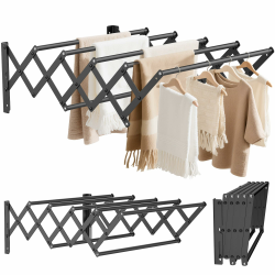 Wand Wäscheständer Edelstahl Wandtrockner Ausziehbar, Vorderer und hinterer Teleskopbereich: 12~56cm, mit Sieben Zugstangen Tragfähigkeit 25kg (Schwarz) Schwarz 12 - 56 CM Angebot bei HelloDeals