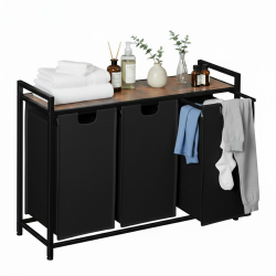 AMHANCIBLE Wäschekorb 3 Fächer, Wäschesammler mit Ablage, Wäschebox, Wäschesack aus Oxford-Gewebe ausziehbar abnehmbar, 38 L x 3, Stahlrahmen und obere Ablage, 92 x 30 x72cm, Rustic Braun EHLS03BR 114L Braun Angebot bei HelloDeals