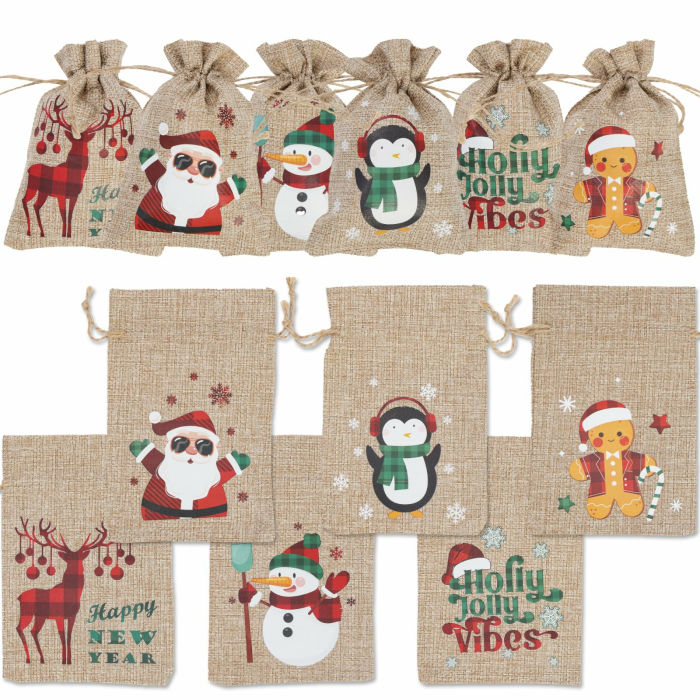 24 Weihnachten Jutesäcke mit Kordelzug kleine hessische Geschenktüten für Weihnachten Party Favors… Leinen with Glitter- 24 pack Angebot bei HelloDeals