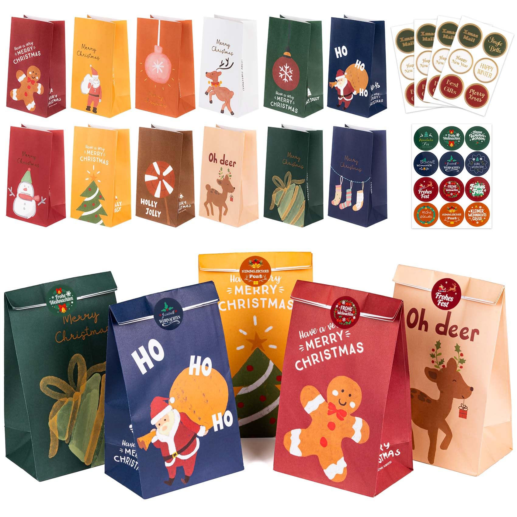 Adventskalender zum Befüllen – 24 große Geschenktüten mit Weihnachtsmotiven, Robuste Papiertüten für Adventskalender, inkl. Aufkleber, ideal für Geschenke, Süßigkeiten & Mitgebsel, 15 x 9,7 x 27 cm Weihnachtsmotiv Tüten Angebot bei HelloDeals
