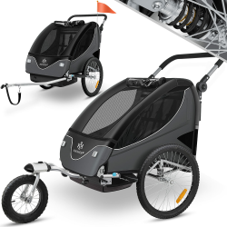 KESSER® Kinderanhänger Fahrradanhänger 360° Drehbar mit Federung 2in1 Joggerfunktion Kinderfahrradanhänger + 5-Punkt Gurt Jogger Fahrrad Anhänger für 1 bis 2 Kinder max. 40kg Inkl. Warnfahne, Schwarz Schwarz / Anthrazit Angebot bei HelloDeals