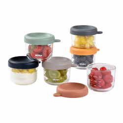 BÉABA, Set mit 6 Portionsbehältern aus Glas zur Aufbewahrung von Babynahrung/bruchsicheres Glas, 100% dicht, hitze- und kältebeständig, gefrier- und sterilisierbar, mit Skala, 150 ml, Sunrise Multicolors Angebot bei HelloDeals