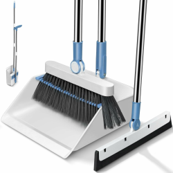 MASTERTOP Besen und Kehrschaufel Set mit Wasserabzieher, 3er Kehrbesen Besen Set mit Stiel, Aufrechte Kehrmaschine Schaufel und Besen Set für Haus, Büro, Lobby, Terrasse (Blau+Weiß) Angebot bei HelloDeals