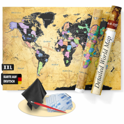 FlYHIGH XXL Weltkarte zum Rubbeln auf Deutsch I 80x57cm I Poster zum aufkratzern I Scratch off Map I Landkarte zum Rubbeln I Karte zum Freirubbeln I Rubbelweltkarte I Welt-Karte zum Freikratzen 1. Gold/Schwarz Angebot bei HelloDeals