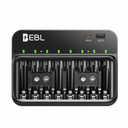 EBL Akku Ladegerät für AA AAA 9V Akkus, Kompatibel mit NI-MH & NI-CD Batterien, USB-C PD3.0 & Micro USB Eingang, Schnellladegerät Angebot bei HelloDeals