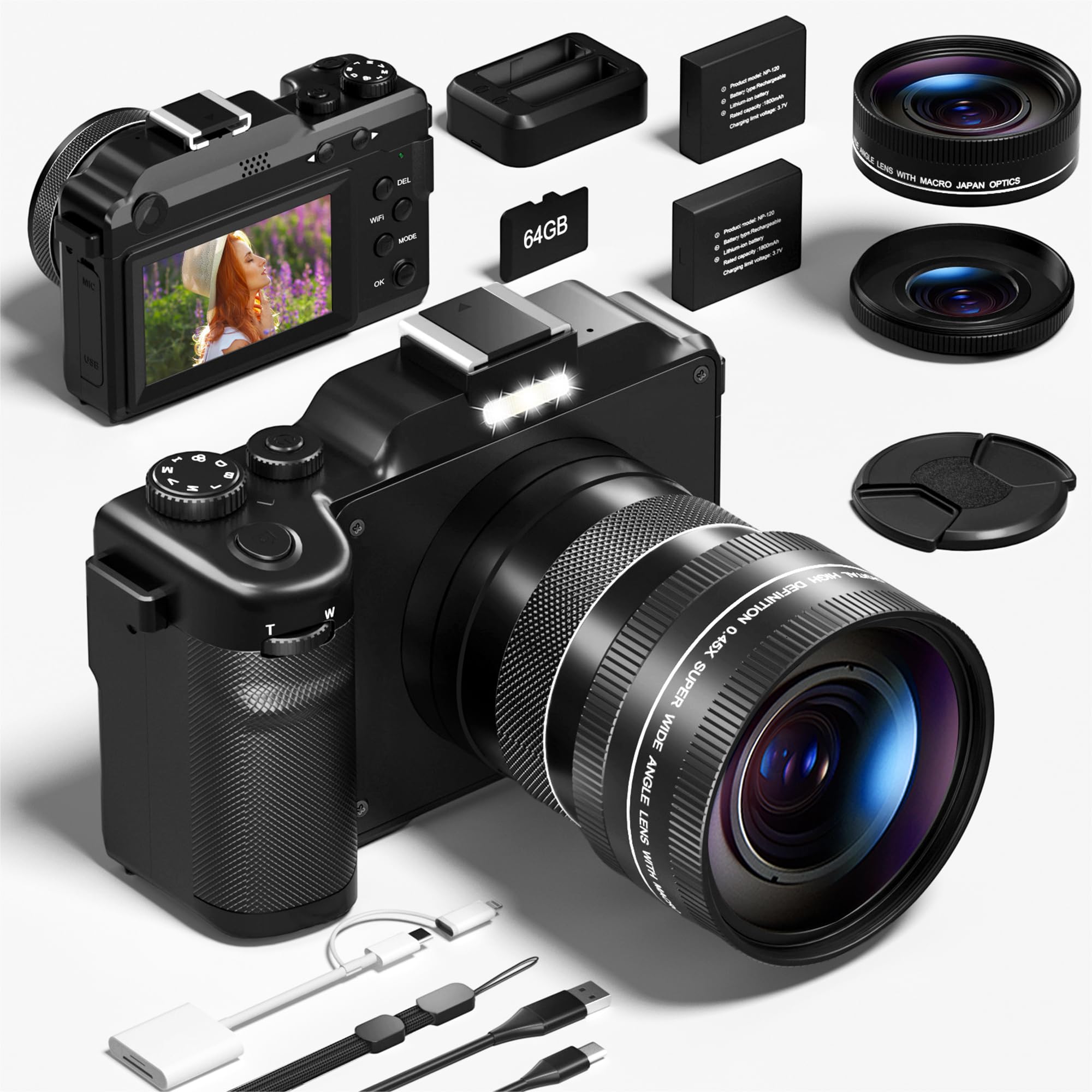 Digitalekamera, 5K 64MP Fotokamera mit WiFi, 64GB Karte, Autofokus, Selfie 3-Zoll LCD-Bildschirm, kompakte Vlogging-Kamera für YouTube, Weitwinkel- & Makroobjektiv für Anfänger und Erwachsene black Angebot bei HelloDeals