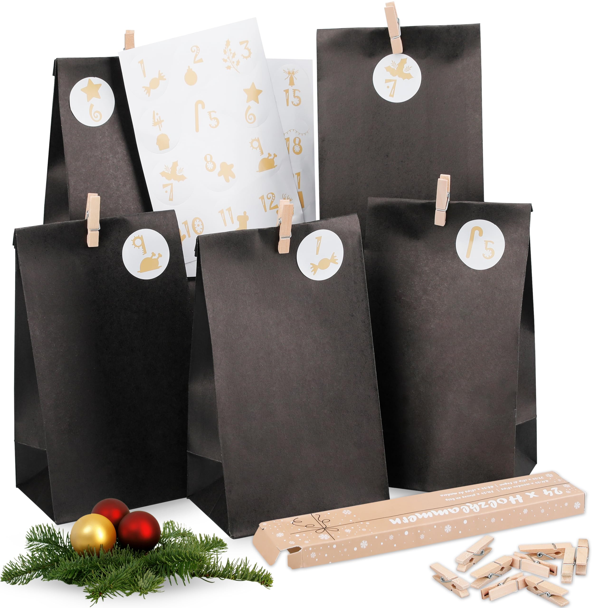 Adventskalender zum Befüllen - Adventskalender 2025 - mit 24 schwarzen Geschenktüten und 24 Zahlenaufklebern und Klammern - zum Basteln und Verschenken - Weihnachten black Angebot bei HelloDeals