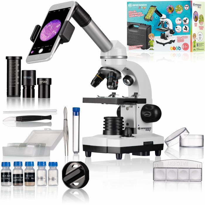 Bresser Biolux SEL Schülermikroskop Set mit Beleuchtung, Smartphoneadapter, Hartschalenkoffer, einem Experimentierset und viel Zubehör Weiß Angebot bei HelloDeals