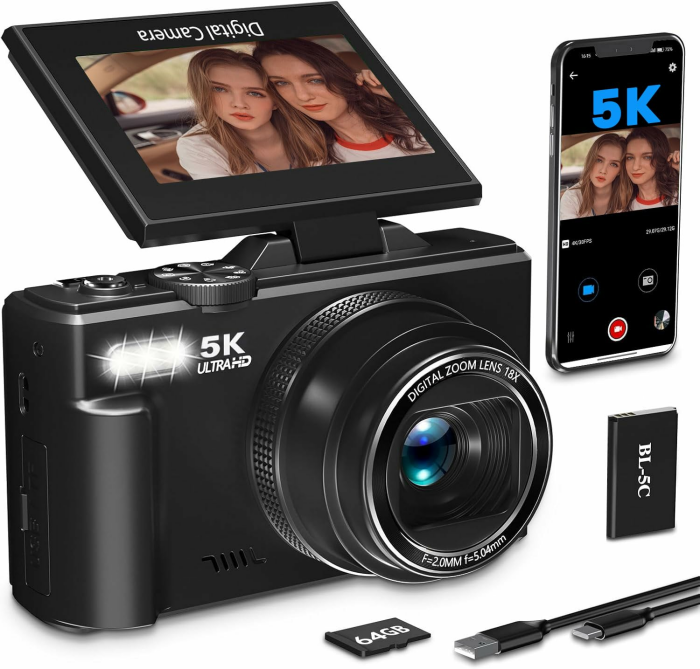 LONGYI Digitalkamera 5K 75MP Kamera Fotokamera und Vlogging mit WiFi, 64GB Karte, 18X Zoom, 180° Selfie Digital Camera Kompaktkamera Fotoapparat für Reisen, YouTube, Anfänger und Erwachsene (Schwarz) black Angebot bei HelloDeals