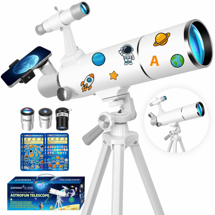 Teleskop, Teleskop für Kinder & Erwachsene Anfänger, 80mm Öffnung 500mm Astronomisches Refraktor Teleskope mit Telefon Adapter, Dekorative Aufkleber zum Thema Weltraum und Stativ Teleskop 80500 Weiß Angebot bei HelloDeals
