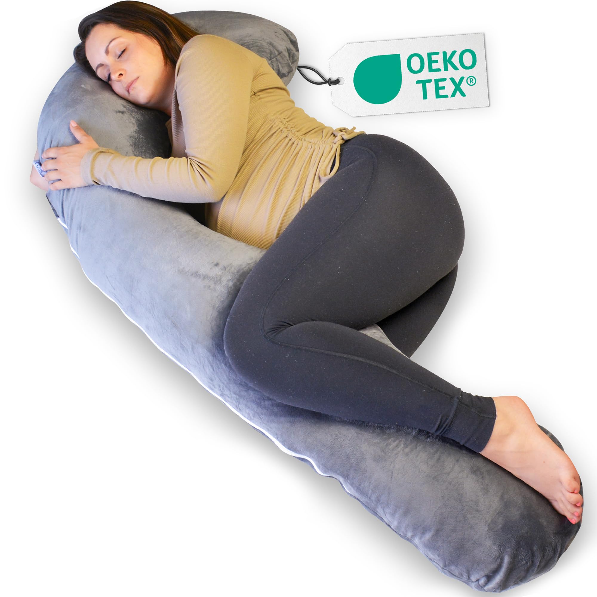 Ella Schwangerschaftskissen, J-förmiges Seitenschläferkissen, U-Kissen, Stillkissen mit waschbarem Minky-Bezug, Ganzkörperkissen & Stützkissen für Frauen, Seitenschläfer - 155 x 80 cm, grau J, Minky Angebot bei HelloDeals