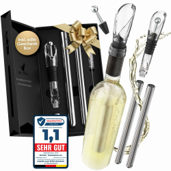 Beyond Weinkühlstab 6-teiliges Geschenk Set aus Edelstahl mit Ausgießer - Ideales Weinzubehör für Weinliebhaber I Weinkühler Set für Weißwein & Rotwein - Stab mit Dekanter - Zubehör für Weintrinker Geschenkset Angebot bei HelloDeals
