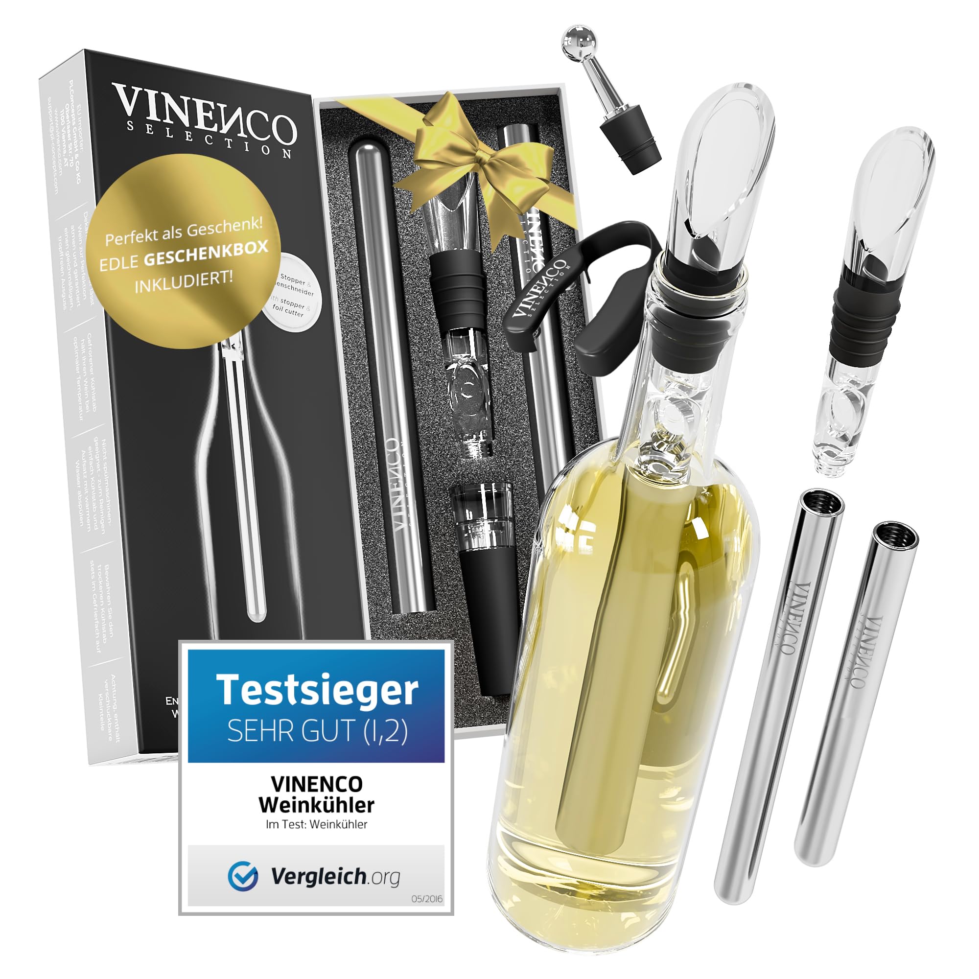 VINENCO Weinkühler Set DAS ORIGINAL, Flaschenkühler + Dekanter 7-in-1 Premium Wein Zubehör: Edelstahl Flaschen-Weinkühlstab + Dekantier-Belüfter + Ausgießer | Bar Geschenk Frauen Männer, Rot- Weißwein Set mit 2 Kühlstäben Angebot bei HelloDeals