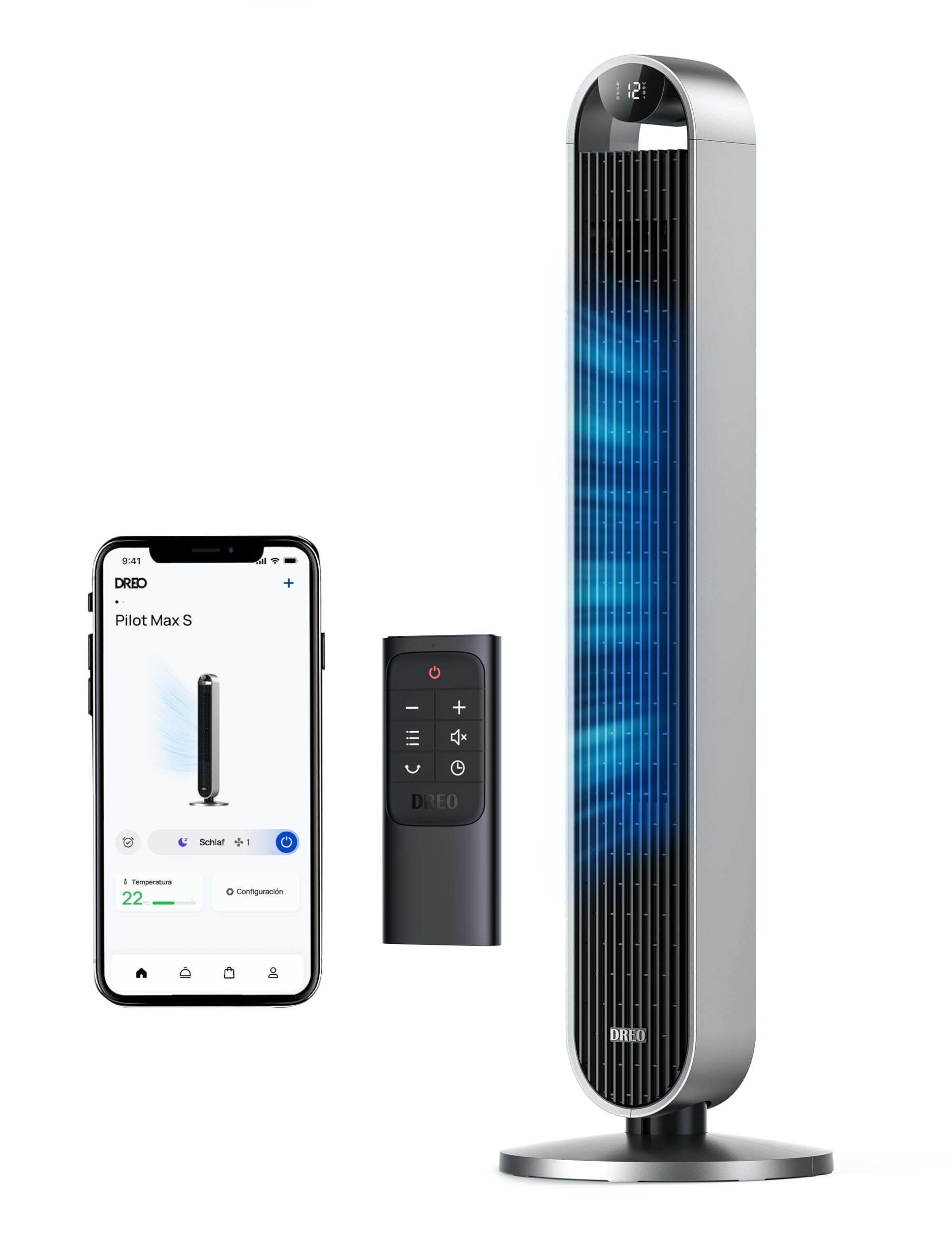 Dreo Smart Turmventilator Sehr Leise, 120° Oszillierender Ventilator mit Kühlung, 25dB Standventilator mit Fernbedienung für Schlafzimmer, 12 Geschwindigkeiten, 4 Modi, 12-Stund-Timer, Pilot Max S Angebot bei HelloDeals