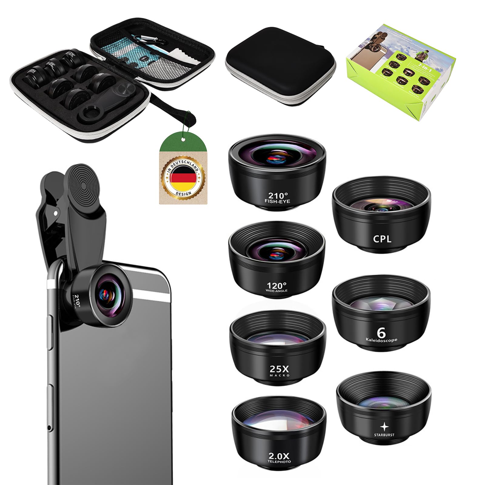 7 in 1 Handy Kamera objektiv,Fischaugenobjektiv 210° Weitwinkel 120° Makroobjektiv (25x) Sternfilter Telephoto, Kaleidoscope,CPL/Star Filter für iPhone und die meisten Smartphones Angebot bei HelloDeals