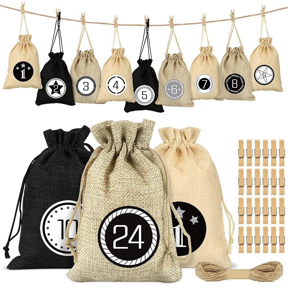 Adventskalender zum Befüllen Säckchen, 24 Weihnachtskalender Stoffbeutel, Adventskalender Säckchen Wiederverwendbar, Weihnachtskalender Jutesäckchen, Adventskalender Stoffsäckchen Schwarz Angebot bei HelloDeals