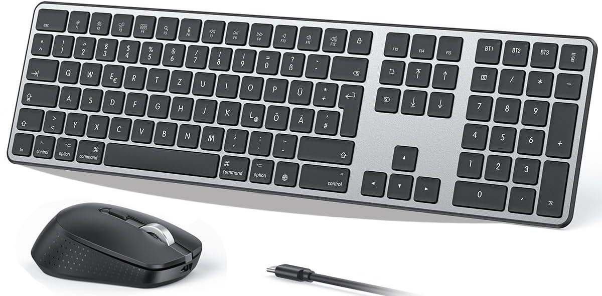 OMOTON Tastatur Maus Set Kabellose für MacBook Air/MacBook Pro/iMac/iMac Pro/Mac mini, Bluetooth Funktastatur QWERTZ mit Maus Wiederaufladbar, Multi-Gerät, Ergonomisch, Leises Tippen, DE Layout Raumgrau Angebot bei HelloDeals