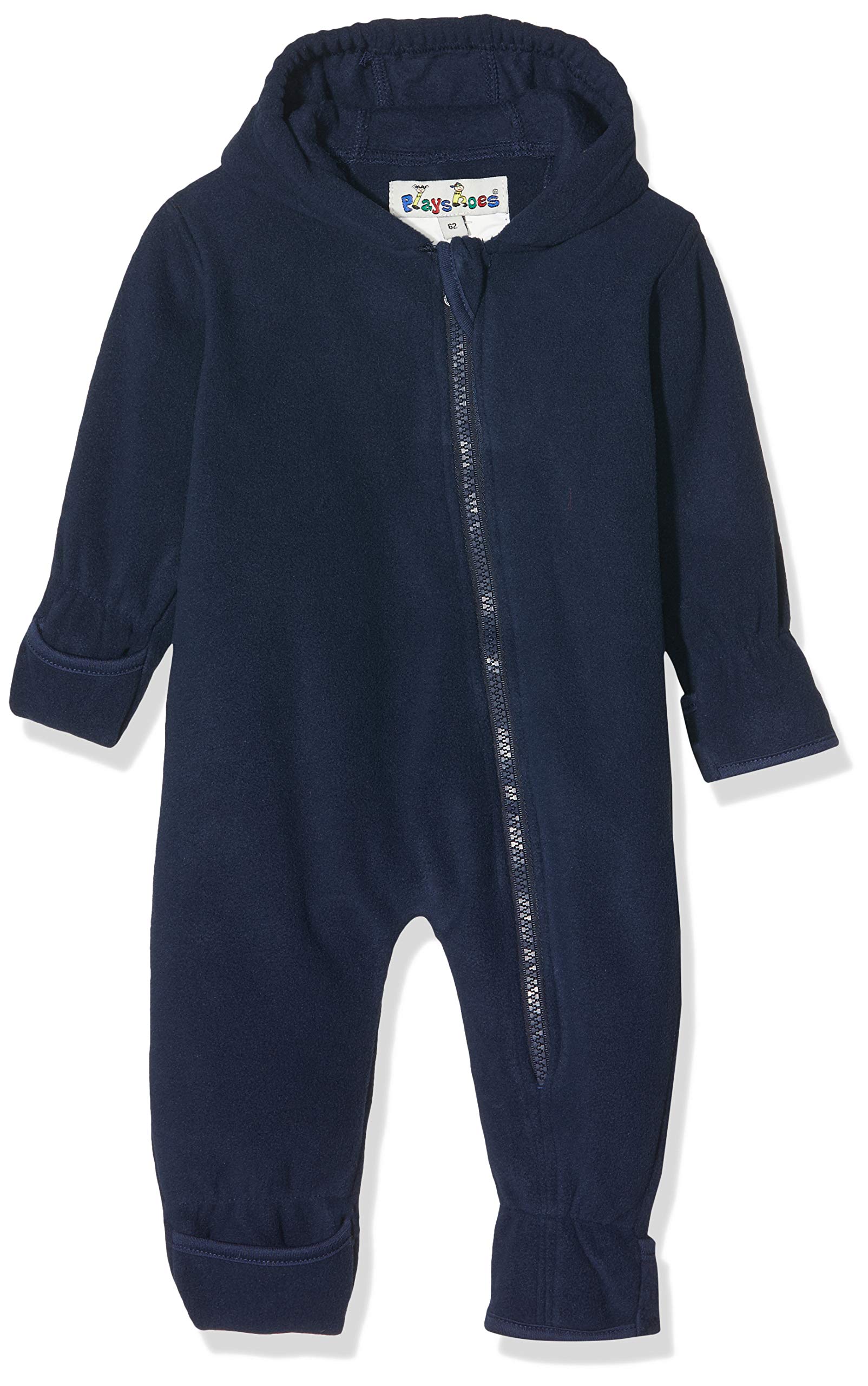 Playshoes Baby Fleece-Overall, atmungsaktiver Unisex-Jumpsuit für Jungen und Mädchen mit langem Reißverschluss und Kapuze, farbig abgesetzt 74 dunkelblau Angebot bei HelloDeals