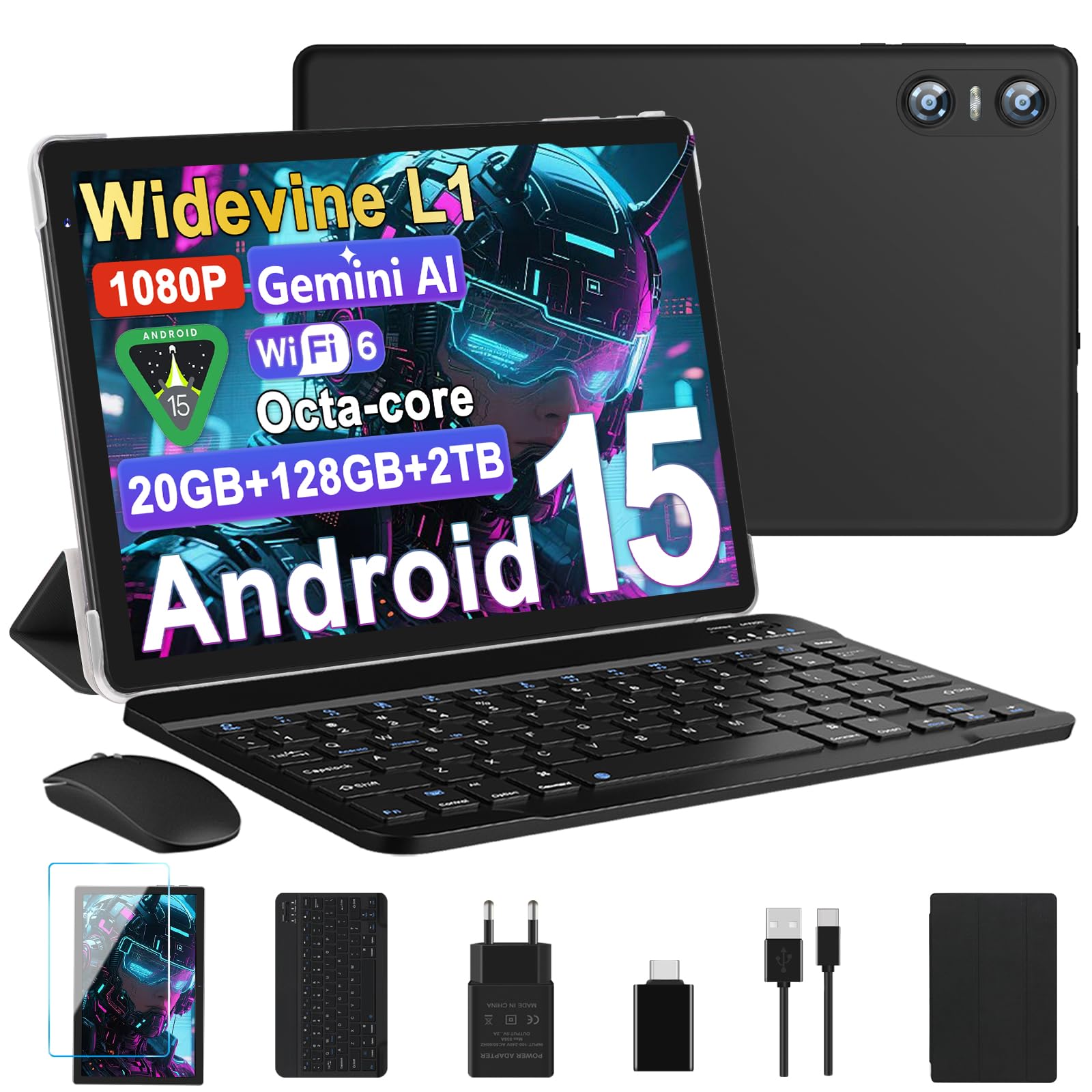 Tablet 10 Zoll Android 15, 20 GB RAM + 128 GB ROM (TF 2 TB), Octa-Core, Widevine L1, GMS, 5G+2.4G WLAN 6, 5 + 8 MP, 6000 mAh, Bluetooth 5.0, Tablet mit Tastatur und Maus – Schwarz Black-22 Angebot bei HelloDeals