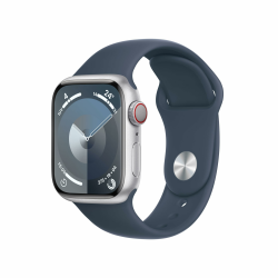 Apple Watch Series 9 [GPS + Cellular, 41mm] - Aluminiumgehäuse Silber mit Sportarmband Sturmblau - M/L, (Generalüberholt) Angebot bei HelloDeals