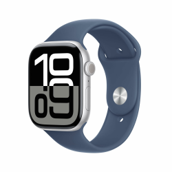 Apple Watch Series 10 [GPS + Cellular, 46mm] - Aluminiumgehäuse Silber mit Sportarmband Denim, S/M (Generalüberholt) Angebot bei HelloDeals
