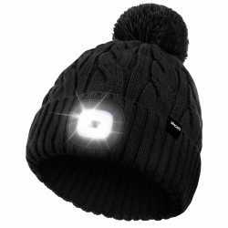 Wmcaps Mütze mit LED Licht Damen, Wiederaufladbare Type-C Strickmütze Bommelmütze mit 4 LED-Lichtern, Pudelmütze Leuchtmütze mit Lampe, Geschenkte Geschenk für Männer und Frauen Schwarz Angebot bei HelloDeals