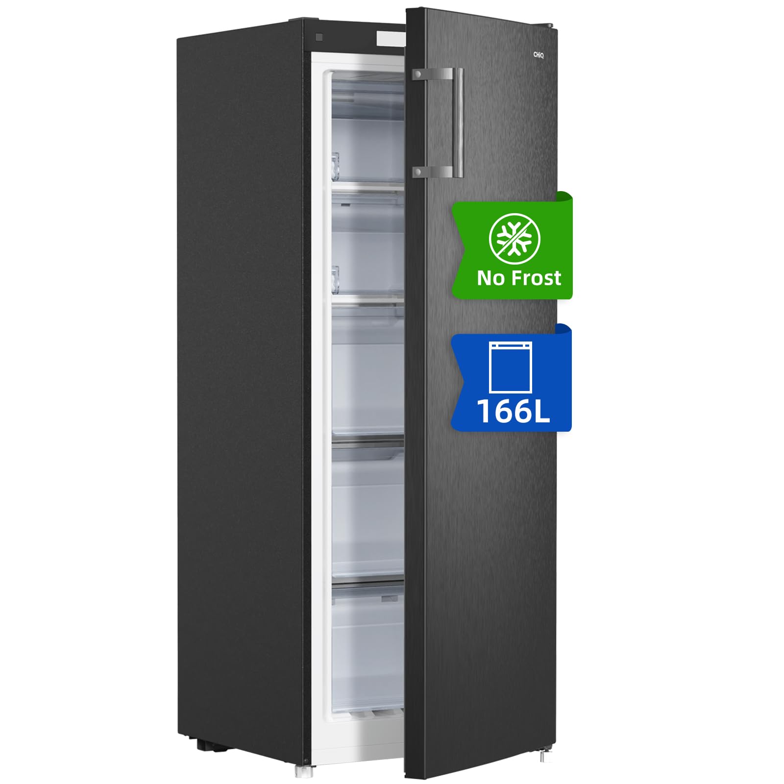 CHiQ Gefrierschrank No Frost 166 L, MultiAirflow, 4-Sterne-Gefrieren|5 Schubladen + 1 obere Klappe, 144cm H| 209 kWh/Jahr, mit LED, Wechselbarer | Schwarz, FSD166NE4E Angebot bei HelloDeals