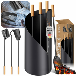 KESSER® Kaminbesteck Set XXL Gusseisen Kaminzubehör, Kaminholz Besteck, Stahl beschichtet, Hochwertige Kamingarnitur + Besen, Kehrschaufel, Schürhaken, Gusseisen Ständer, Holz Griffe, Anthrazit Angebot bei HelloDeals