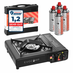 Gaskocher 1-flammig mit Piezozündung, Campingkocher für Gaskartuschen MSF-1a 227 g, Camping Herd mit Tragekoffer - Ideal für Outdoor (1-flammiger Gaskocher + 4 Gaskartuschen) Angebot bei HelloDeals