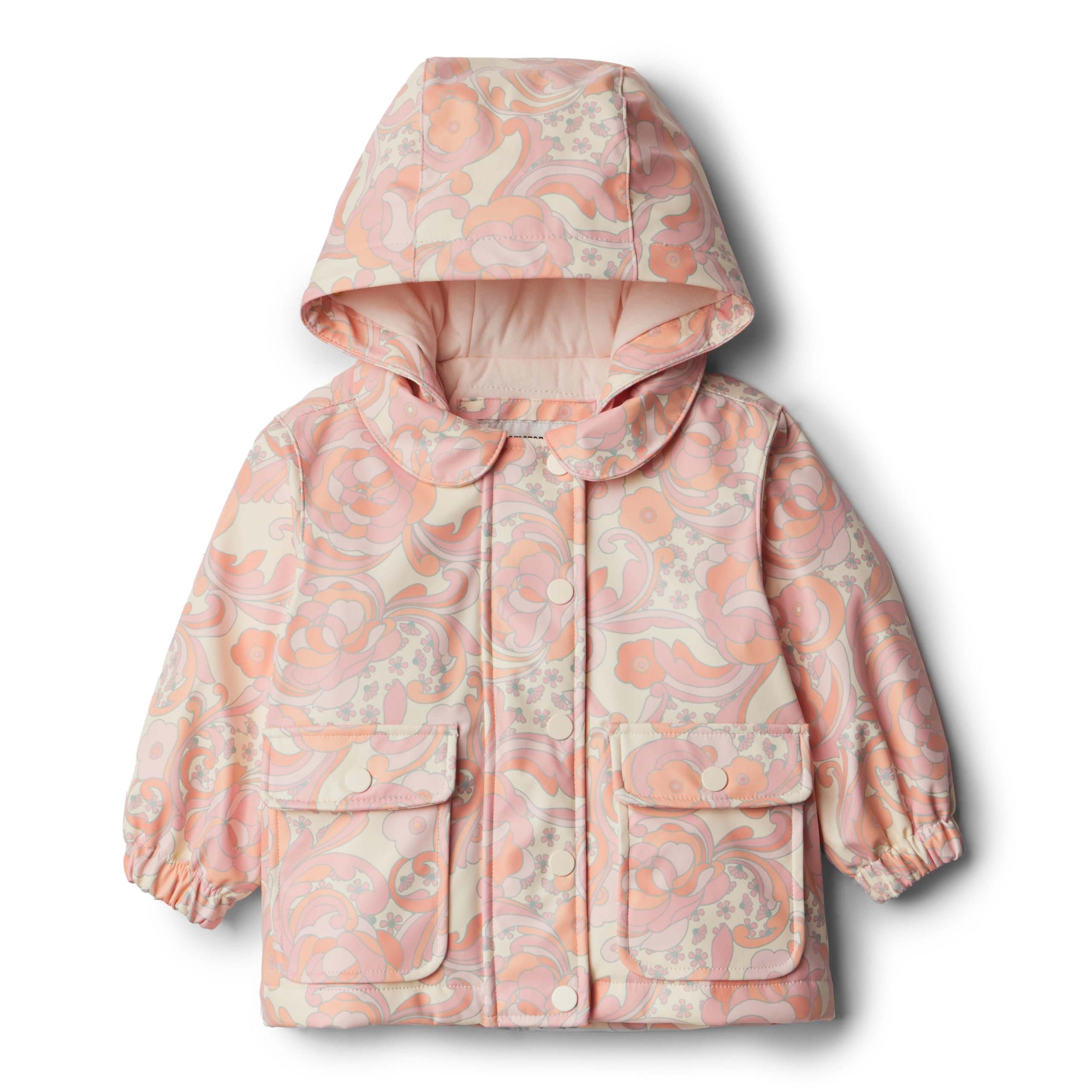Amazon Essentials x Sofia Grainge Baby und Mädchen Wasserabweisende Regenjacke 6-9 Monate Pfirsich Kunsthandwerk mit Blumenmuster Angebot bei HelloDeals