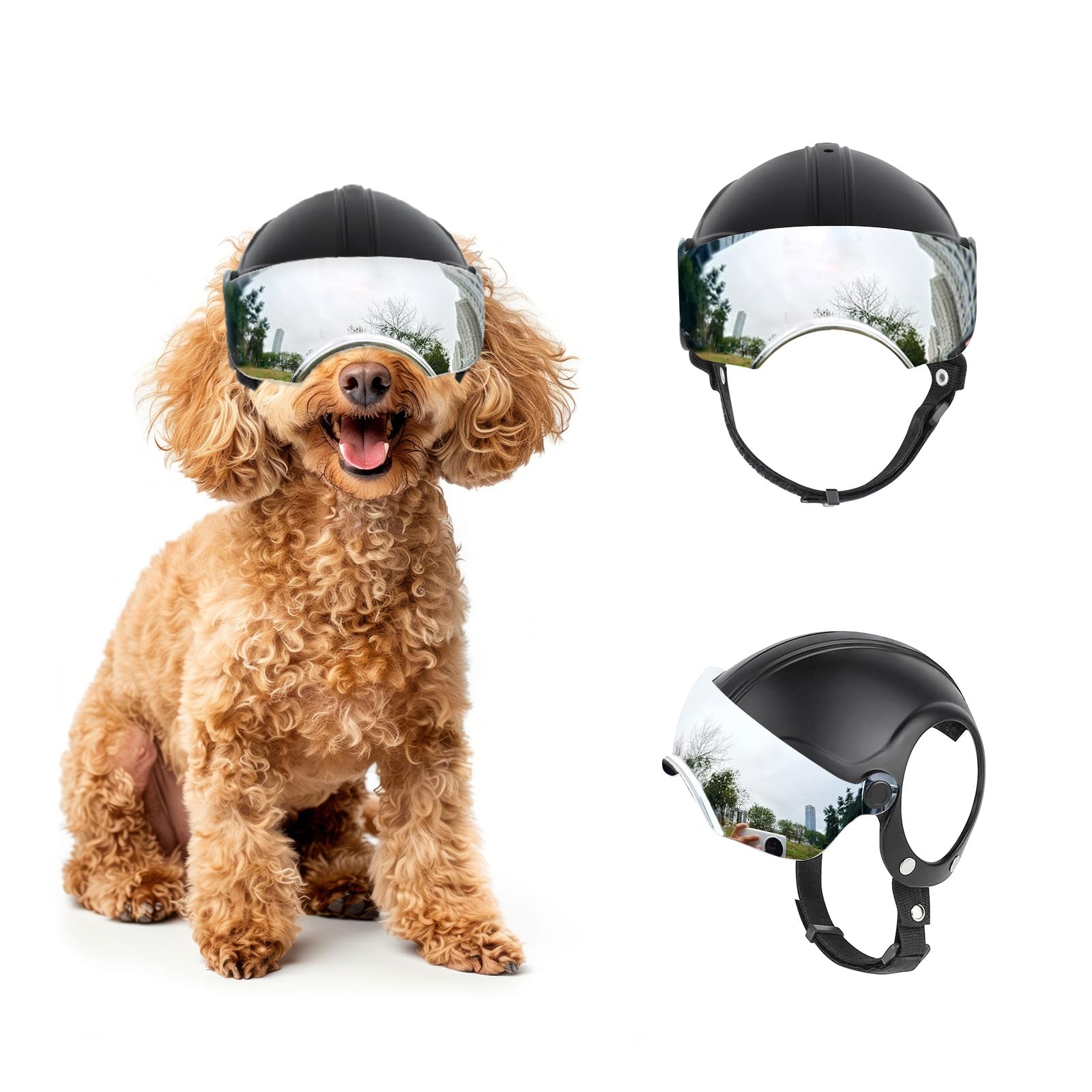 Enjoying Hundehelm für Kleine Hunde, Hundehelm mit Sonnenbrillen, Hundehelme Hut mit Ohrlöchern, Motorrad Fahrrad Hundehelm für kleine bis mittlere Hunde, Verstellbar, Schwarz Silberne Linsen Angebot bei HelloDeals