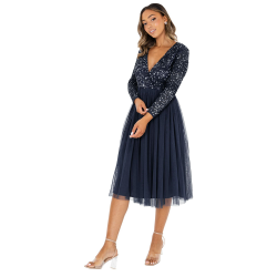 Maya Deluxe Midi Elegant Hochzeit Ärmel Tiefer V Ausschnitt Pailletten Cocktailkleid Abschlussball Brautjungfernkleid Navy 40 Angebot bei HelloDeals