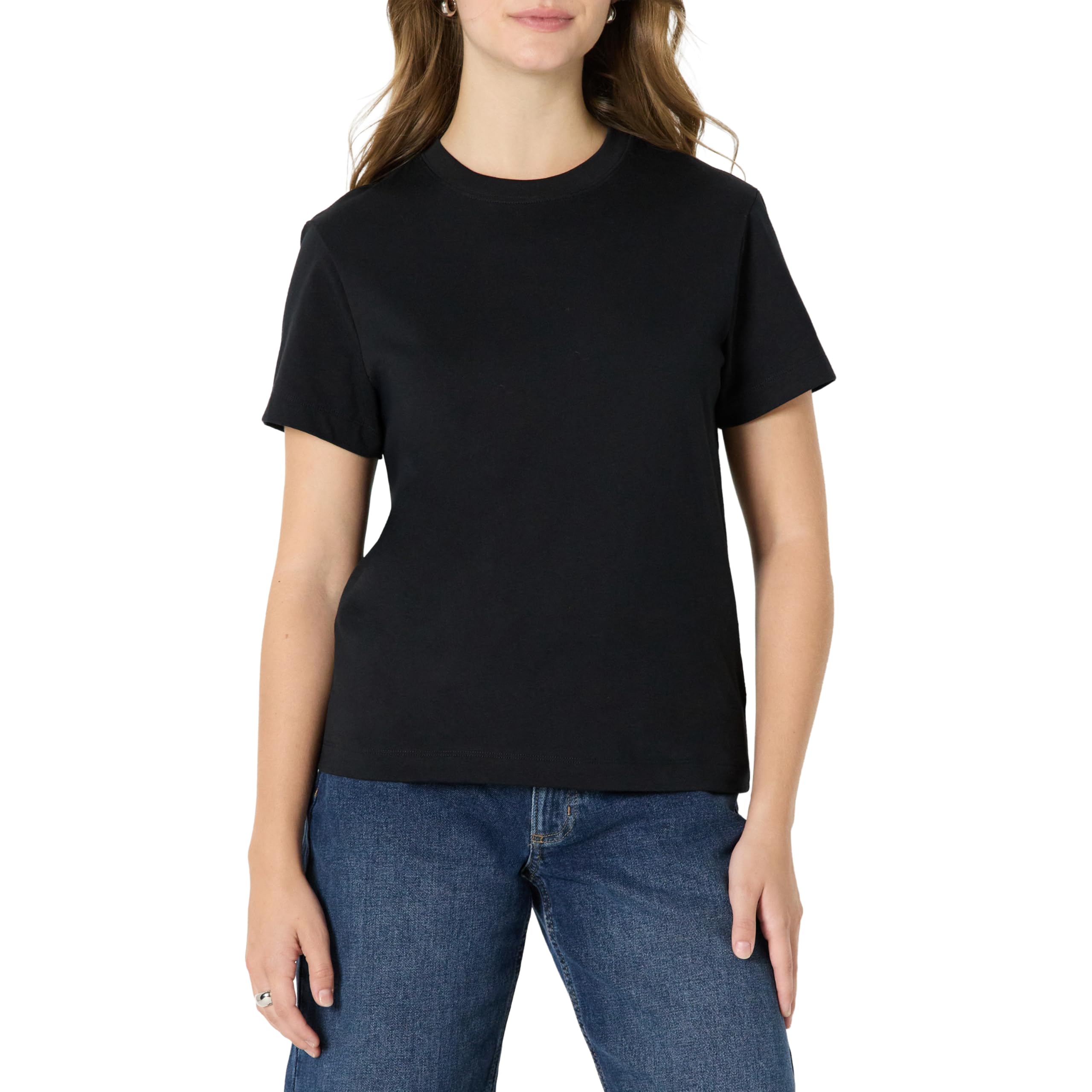 Amazon Essentials Damen (Demis Favorit) Relaxed-Fit-Baumwoll-T-Shirt Rundhalsausschnitt L Schwarz Angebot bei HelloDeals