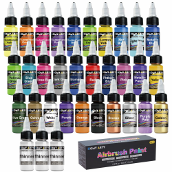 Airbrush Farbe, 30 Farben mit 3 Verdünner Airbrush Lack Set, Wasserbasierte Luftbürste Farben, bereit zum Sprühen, 20ml/Flasche Angebot bei HelloDeals