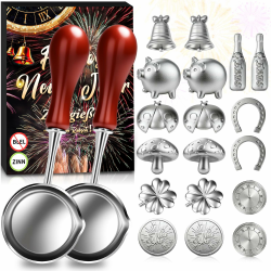 Zinngießen Silvester Spiele Set 2026-20 Zinngießen Set mit 18 Stück Zinn Giessen und 2 Löffeln, Gesunde Alternative Zum Bleigießen für Partyspiele Deko Silvester Geschenke Neujahrsgeschenke Silber Angebot bei HelloDeals