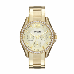 FOSSIL Riley Armbanduhr für Damen Quarz Chronograph Uhrwerk mit Edelstahl oder Lederband Goldton und Glitter 38 mm Angebot bei HelloDeals