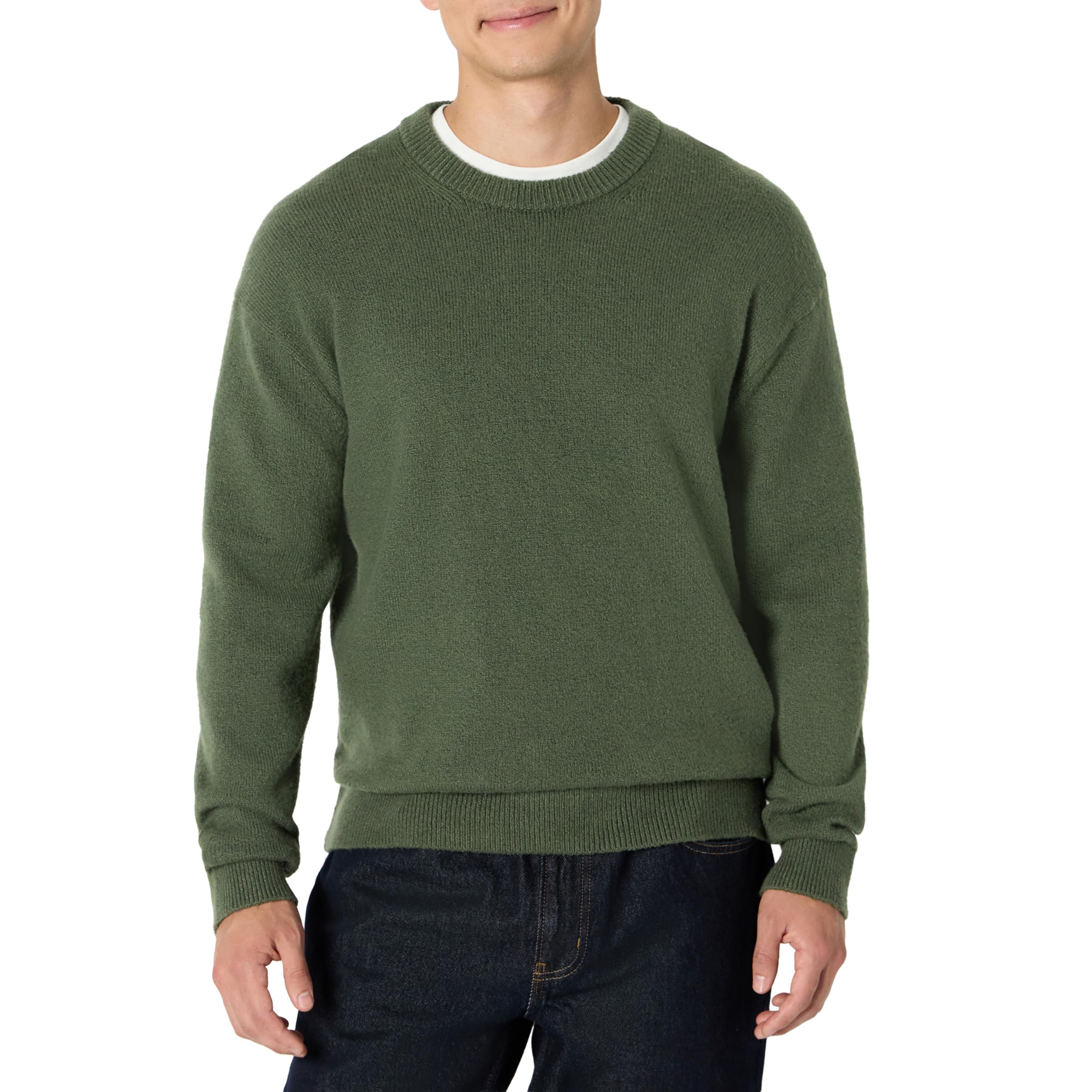 Amazon Essentials Herren (Demis Favorit) Relaxed-Fit-Herrenpullover Rundhalsausschnitt Mischstruktur L Dunkles Olivgrün Angebot bei HelloDeals