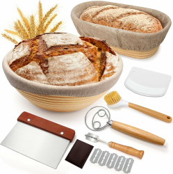 Brot Gärkorb Set, Gärkörbchen zum Brotbacken, 23cm Rund & 25cm Oval Brotkörbchen, 100% natürlichem Rattan, inkl. Teigschaber, Leineneinsatz, Teigrührer & Brot Lahm | Professionelles Brotbackzubehör Angebot bei HelloDeals