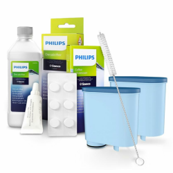 Wartungsset für Philips Kaffeemaschinen - 250 ml Entkalker, HD5061 Schmierfett, CA6704/10 Kaffeeentfetter + Sillar 2x Ersatzwasserfilter für CA6903, Reinigungsbürste Angebot bei HelloDeals