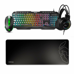 KROM KARRIER - Gaming Pack - RGB Rainbow LED Membrantastatur, 19 Anti-Ghosting-Tasten, Optische Maus 3600 dpi, Stereo-Kopfhörer 50mm, XXL Anti-Rutsch-Gummimauspad, Layout, schwarz Karrier SPANISH Angebot bei HelloDeals