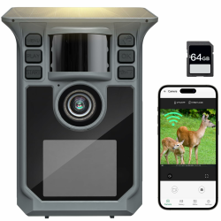 4K 64MP Wildkamera mit Handyübertragung APP, Solar WLAN Bluetooth Eingebaute 5000mAh, 64GB Speicherkarte, Wildkamera mit Bewegungsmelder Nachtsicht, IP67 Wasserdicht 130°Weitwinkel Angebot bei HelloDeals