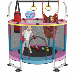 Trampolin Kinder, 150cm Kinder Trampolin Outdoor/Indoor, 200kg verstellbares,mit Basketballkorb und Gehäuse,Geschenke für Jungen und Mädchen Rosa Pink Angebot bei HelloDeals
