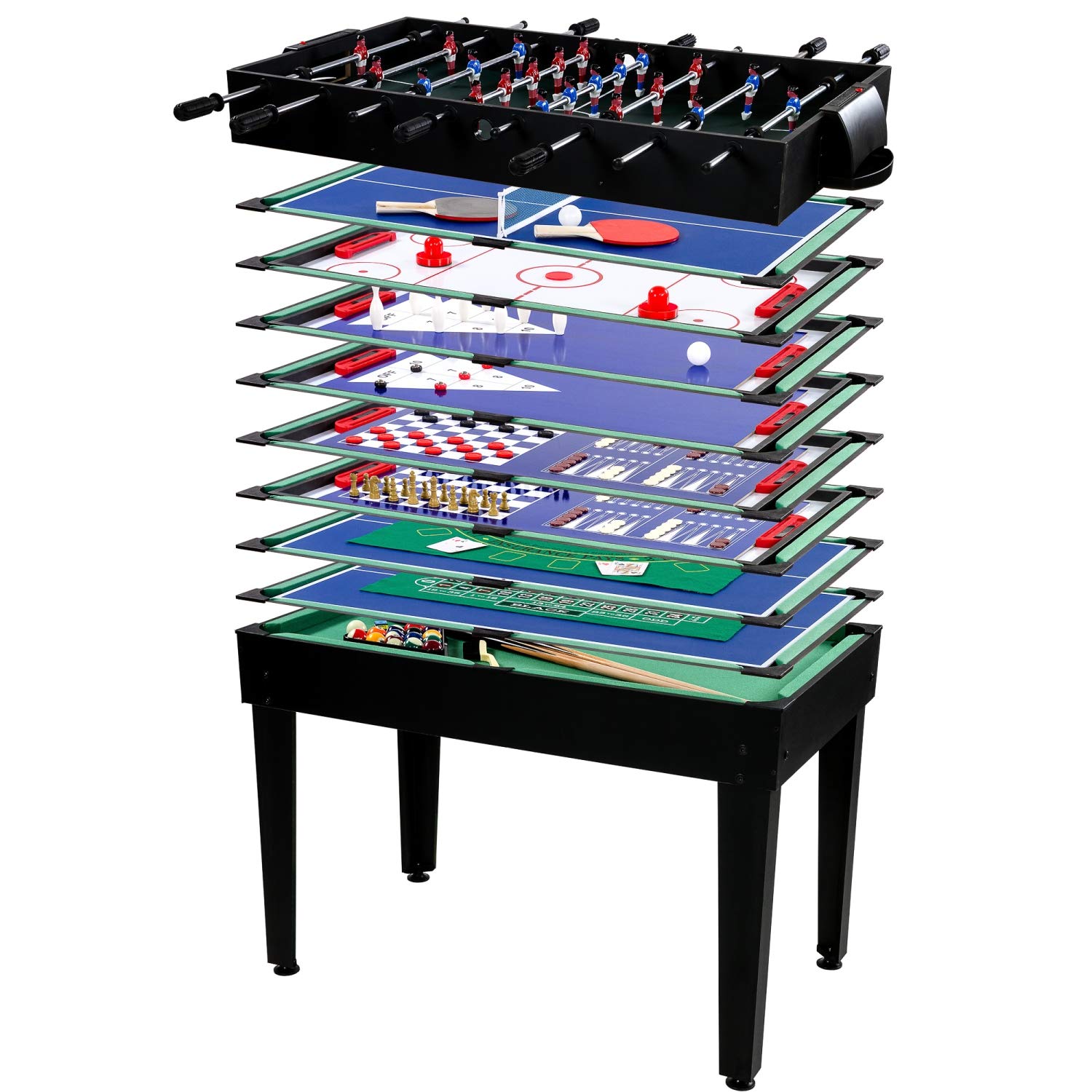 Multigame Spieletisch Mega 15 in 1, inkl. komplettem Zubehör, Spieltisch mit Kickertisch, Billardtisch, Tischtennis, Speed Hockey, 3 Dekorvarianten Schwarz Angebot bei HelloDeals
